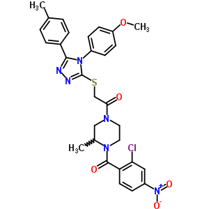 5925-72-4  1-[(2-chloro-4-nitrophenyl)carbonyl]-4-({[4-(4-methoxyphenyl)-5-(4-methylphenyl)-4H-1,2,4-triazol-3-yl]sulfanyl}acetyl)-2-methylpiperazine