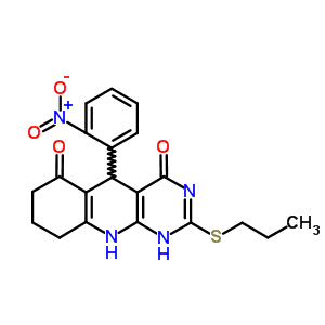 7062-29-5  5-(2-nitrophenyl)-2-(propylsulfanyl)-5,8,9,10-tetrahydropyrimido[4,5-b]quinoline-4,6(1H,7H)-dione