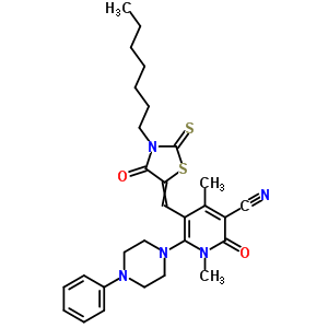 7063-41-4  5-[(3-heptyl-4-oxo-2-thioxo-1,3-thiazolidin-5-ylidene)methyl]-1,4-dimethyl-2-oxo-6-(4-phenylpiperazin-1-yl)-1,2-dihydropyridine-3-carbonitrile
