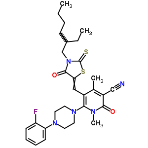 7063-42-5  5-{[3-(2-ethylhexyl)-4-oxo-2-thioxo-1,3-thiazolidin-5-ylidene]methyl}-6-[4-(2-fluorophenyl)piperazin-1-yl]-1,4-dimethyl-2-oxo-1,2-dihydropyridine-3-carbonitrile
