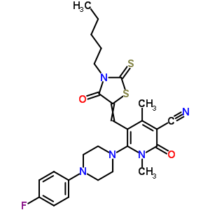 7063-44-7  6-[4-(4-fluorophenyl)piperazin-1-yl]-1,4-dimethyl-2-oxo-5-[(4-oxo-3-pentyl-2-thioxo-1,3-thiazolidin-5-ylidene)methyl]-1,2-dihydropyridine-3-carbonitrile
