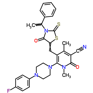 7063-45-8  6-[4-(4-fluorophenyl)piperazin-1-yl]-1,4-dimethyl-2-oxo-5-{[4-oxo-3-(1-phenylethyl)-2-thioxo-1,3-thiazolidin-5-ylidene]methyl}-1,2-dihydropyridine-3-carbonitrile