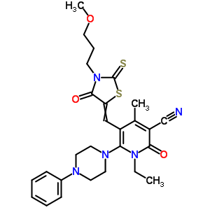 7063-83-4  1-ethyl-5-{[3-(3-methoxypropyl)-4-oxo-2-thioxo-1,3-thiazolidin-5-ylidene]methyl}-4-methyl-2-oxo-6-(4-phenylpiperazin-1-yl)-1,2-dihydropyridine-3-carbonitrile