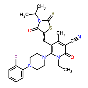 7063-86-7  1-ethyl-6-[4-(2-fluorophenyl)piperazin-1-yl]-4-methyl-5-{[3-(1-methylethyl)-4-oxo-2-thioxo-1,3-thiazolidin-5-ylidene]methyl}-2-oxo-1,2-dihydropyridine-3-carbonitrile