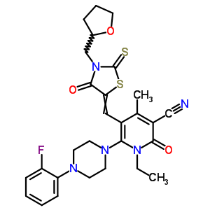 7063-87-8  1-ethyl-6-[4-(2-fluorophenyl)piperazin-1-yl]-4-methyl-2-oxo-5-{[4-oxo-3-(tetrahydrofuran-2-ylmethyl)-2-thioxo-1,3-thiazolidin-5-ylidene]methyl}-1,2-dihydropyridine-3-carbonitrile