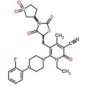 7063-89-0  5-{[3-(1,1-dioxidotetrahydrothiophen-3-yl)-4-oxo-2-thioxo-1,3-thiazolidin-5-ylidene]methyl}-1-ethyl-6-[4-(2-fluorophenyl)piperazin-1-yl]-4-methyl-2-oxo-1,2-dihydropyridine-3-carbonitrile
