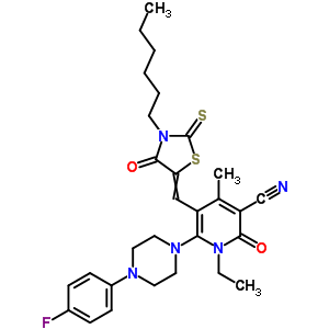 7063-90-3  1-ethyl-6-[4-(4-fluorophenyl)piperazin-1-yl]-5-[(3-hexyl-4-oxo-2-thioxo-1,3-thiazolidin-5-ylidene)methyl]-4-methyl-2-oxo-1,2-dihydropyridine-3-carbonitrile