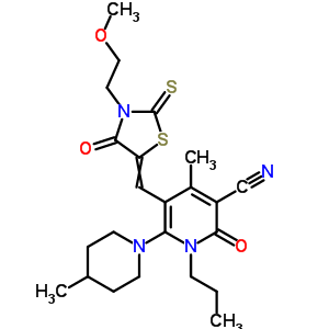 7064-11-1  5-{[3-(2-methoxyethyl)-4-oxo-2-thioxo-1,3-thiazolidin-5-ylidene]methyl}-4-methyl-6-(4-methylpiperidin-1-yl)-2-oxo-1-propyl-1,2-dihydropyridine-3-carbonitrile