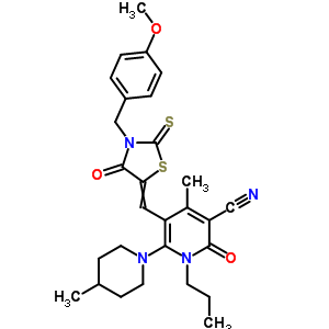 7064-13-3  5-{[3-(4-methoxybenzyl)-4-oxo-2-thioxo-1,3-thiazolidin-5-ylidene]methyl}-4-methyl-6-(4-methylpiperidin-1-yl)-2-oxo-1-propyl-1,2-dihydropyridine-3-carbonitrile