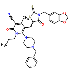 7064-28-0  5-{[3-(1,3-benzodioxol-5-ylmethyl)-4-oxo-2-thioxo-1,3-thiazolidin-5-ylidene]methyl}-6-(4-benzylpiperazin-1-yl)-4-methyl-2-oxo-1-propyl-1,2-dihydropyridine-3-carbonitrile