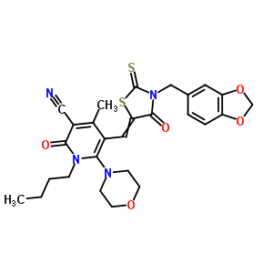 7064-65-5  5-{[3-(1,3-benzodioxol-5-ylmethyl)-4-oxo-2-thioxo-1,3-thiazolidin-5-ylidene]methyl}-1-butyl-4-methyl-6-morpholin-4-yl-2-oxo-1,2-dihydropyridine-3-carbonitrile