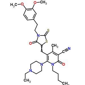 7064-79-1  1-butil-5-({3-[2-(3,4-dimetoksifenil)etil]-4-okso-2-tiyokso-1,3-tiyazolidin-5-iliden}metil)-6-(4-etilpiperazin-1-il)-4-metil-2-okso-1,2-dihidropiridin-3-karbonitril