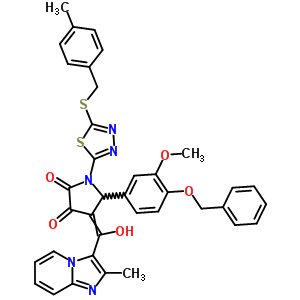 7067-36-9  5-[4-(benzyloxy)-3-methoxyphenyl]-4-[hydroxy(2-methylimidazo[1,2-a]pyridin-3-yl)methylidene]-1-{5-[(4-methylbenzyl)sulfanyl]-1,3,4-thiadiazol-2-yl}pyrrolidine-2,3-dione