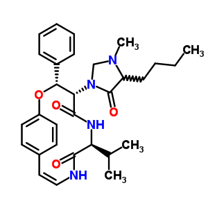 72361-60-5  (3R,4S,7S,10Z)-4-(4-butyl-3-methyl-5-oxoimidazolidin-1-yl)-7-(1-methylethyl)-3-phenyl-2-oxa-6,9-diazabicyclo[10.2.2]hexadeca-1(14),10,12,15-tetraene-5,8-dione