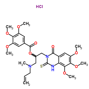 37046-98-3  2-[methyl(prop-2-en-1-yl)amino]-1-[(6,7,8-trimethoxy-4-oxo-2-thioxo-1,4-dihydroquinazolin-3(2H)-yl)methyl]ethyl 3,4,5-trimethoxybenzoate hydrochloride