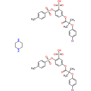 59687-39-7  5-{[2-(4-chlorophenoxy)-2-methylpropanoyl]oxy}-2-{[(4-methylphenyl)sulfonyl]oxy}benzenesulfonic acid - piperazine (2:1)