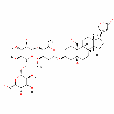 37597-55-0  (3β,5β)-3-[(O-β-D-glucopyranosyl-(1→6)-O-β-D-glucopyranosyl-(1→4)-2,6-dideoxy-3-O-methyl-β-D-ribo-hexopyranosyl)oxy]-5,14,19-trihydroxycard-20(22)enolide