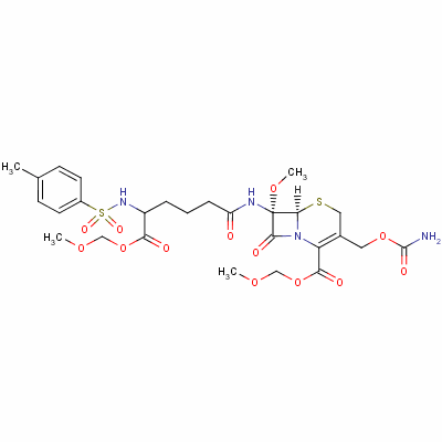 56686-90-9  5-Thia-1-azabicyclo[4.2.0]oct-2-ene-2-carboxylic acid, 3-[[(aminocarbonyl)oxy]methyl]-7-methoxy-7-[[6-(methoxymethoxy)-5-[[(4-methylphenyl)sulfonyl]amino]-1,6-dioxohexyl]amino]-8-oxo-, methoxymethyl ester, [6R-[6α,7α,7(R*)]]-