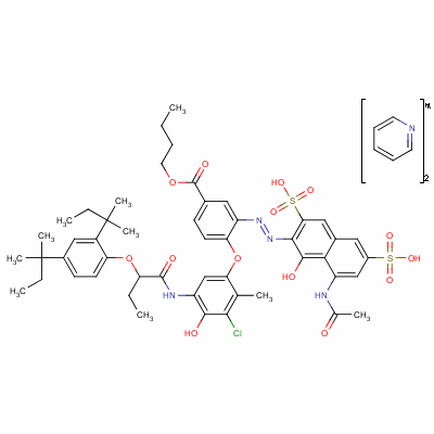 59097-99-3  Benzoic acid, 3-[[8-(acetylamino)-1-hydroxy-3,6-disulfo-2-naphthalenyl]azo]-4-[5-[[2-[2,4-bis(1,1-dimethylpropyl)phenoxy]-1-oxobutyl]amino]-3-chloro-4-hydroxy-2-methylphenoxy]-, 1-butyl ester, compd. with pyridine (1:2)