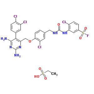 25288-35-1  ethanesulfonic acid - 4-chloro-3-{[(3-chloro-4-{[2,6-diamino-5-(3,4-dichlorophenyl)pyrimidin-4-yl]methoxy}benzyl)carbamoyl]amino}benzenesulfonyl fluoride (1:1)