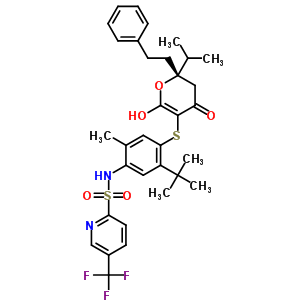 263842-79-1  N-(5-tert-butyl-4-{[(2S)-6-hydroxy-2-(1-methylethyl)-4-oxo-2-(2-phenylethyl)-3,4-dihydro-2H-pyran-5-yl]sulfanyl}-2-methylphenyl)-5-(trifluoromethyl)pyridine-2-sulfonamide