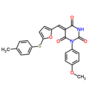 5963-67-7  (5Z)-1-(4-methoxyphenyl)-5-({5-[(4-methylphenyl)sulfanyl]furan-2-yl}methylidene)pyrimidine-2,4,6(1H,3H,5H)-trione