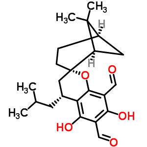 8813-99-8  (1R,2S,4'R,5R)-5',7'-dihydroxy-6,6-dimethyl-4'-(2-methylpropyl)-3',4'-dihydrospiro[bicyclo[3.1.1]heptane-2,2'-chromene]-6',8'-dicarbaldehyde