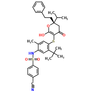 263842-73-5  N-(5-tert-butyl-4-{[(2S)-6-hydroxy-2-(1-methylethyl)-4-oxo-2-(2-phenylethyl)-3,4-dihydro-2H-pyran-5-yl]sulfanyl}-2-methylphenyl)-4-cyanobenzenesulfonamide