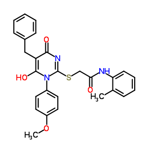 5989-73-1  2-{[5-benzyl-6-hydroxy-1-(4-methoxyphenyl)-4-oxo-1,4-dihydropyrimidin-2-yl]sulfanyl}-N-(2-methylphenyl)acetamide