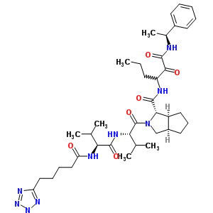 402956-83-6  (1S,3aR,6aS)-N-(1,2-dioxo-1-{[(1S)-1-phenylethyl]amino}hexan-3-yl)-2-[(2S)-3-methyl-2-{[(2S)-3-methyl-2-{[5-(2H-tetrazol-5-yl)pentanoyl]amino}butanoyl]amino}butanoyl]octahydrocyclopenta[c]pyrrole-1-carboxamide (non-preferred name)