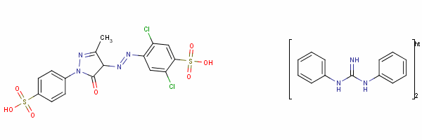 84176-80-7  2,5-dichloro-4-[[4,5-dihydro-3-methyl-5-oxo-1-(4-sulphophenyl)-1H-pyrazol-4-yl]azo]benzenesulphonic acid, compound with N,N'-diphenylguanidine (1:2)