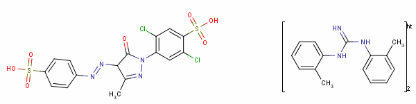 84753-00-4  2,5-dichloro-4-[4,5-dihydro-3-methyl-5-oxo-4-[(4-sulphophenyl)azo]-1H-pyrazol-1-yl]benzenesulphonic acid, compound with N,N'-di-o-tolylguanidine (1:2)