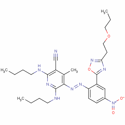 85392-22-9  2,6-bis(butylamino)-4-methyl-5-[[4-nitro-2-[3-(2-propoxyethyl)-1,2,4-oxadiazol-5-yl]phenyl]azo]nicotinonitrile