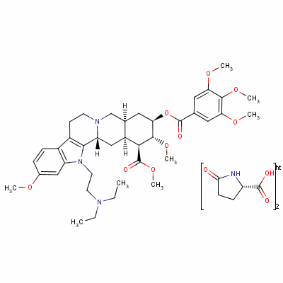 93803-74-8  Yohimban-16-carboxylic acid, 1-[2-(diethylamino)ethyl]-11,17-dimethoxy-18-[(3,4,5-trimethoxybenzoyl)oxy]-, methyl ester, (3β,16β,17α,18β,20α)-, compd. with 5-oxo-l-proline (1:2)