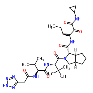 402957-11-3  (1S,3aR,6aS)-N-[1-(cyclopropylamino)-1,2-dioxohexan-3-yl]-2-[(2S)-3,3-dimethyl-2-({(2S)-3-methyl-2-[(2H-tetrazol-5-ylacetyl)amino]butanoyl}amino)butanoyl]octahydrocyclopenta[c]pyrrole-1-carboxamide (non-preferred name)