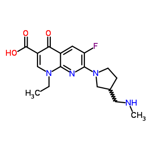 91187-82-5  1-ethyl-6-fluoro-7-{3-[(methylamino)methyl]pyrrolidin-1-yl}-4-oxo-1,4-dihydro-1,8-naphthyridine-3-carboxylic acid