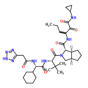 402957-69-1  (1S,3aR,6aS)-2-[(2S)-2-({(2S)-2-cyclohexyl-2-[(2H-tetrazol-5-ylacetyl)amino]acetyl}amino)-3,3-dimethylbutanoyl]-N-[1-(cyclopropylamino)-1,2-dioxohexan-3-yl]octahydrocyclopenta[c]pyrrole-1-carboxamide (non-preferred name)