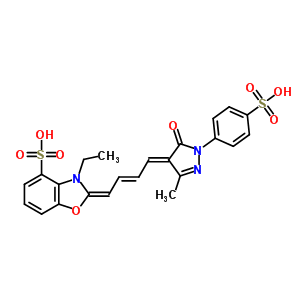 63123-45-5  (2E)-3-ethyl-2-{(2E,4E)-4-[3-methyl-5-oxo-1-(4-sulfophenyl)-1,5-dihydro-4H-pyrazol-4-ylidene]but-2-en-1-ylidene}-2,3-dihydro-1,3-benzoxazole-4-sulfonic acid