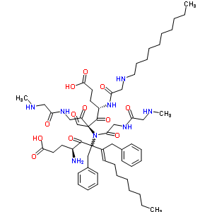 73243-34-2  N-methylglycyl-N-{(2E)-1-[(2S)-2-amino-4-carboxybutanoyl]-1,2-dibenzyldec-2-en-1-yl}-N-[(1S,3S)-5-carboxy-3-[(N-decylglycyl)amino]-1-formyl-1-{[(N-methylglycyl)amino]acetyl}-2-oxopentyl]glycinamide