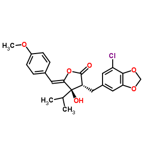80902-00-7  (3R,4R,5Z)-3-[(7-chloro-1,3-benzodioxol-5-yl)methyl]-4-hydroxy-5-[(4-methoxyphenyl)methylidene]-4-(1-methylethyl)dihydrofuran-2(3H)-one (non-preferred name)