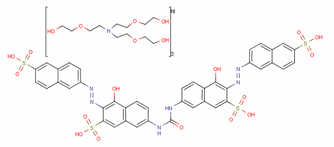 64683-39-2  7,7'-(carbonyldiimino)bis[4-hydroxy-3-[(6-sulpho-2-naphthyl)azo]naphthalene-2-sulphonic] acid, compound with 2,2',2''-[nitrilotris(ethyleneoxy)]triethanol (1:3)