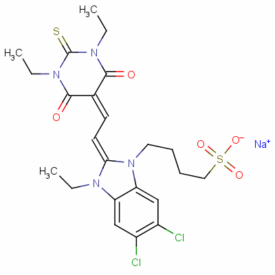 65294-03-3  sodium 5,6-dichloro-2-[(1,3-diethyltetrahydro-4,6-dioxo-2-thioxo-(2H)-pyrimidin-5-ylidene)ethylidene]-3-ethyl-2,3-dihydro-1H-benzimidazole-1-butanesulphonate
