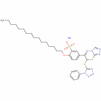 66209-67-4  sodium 2-(hexadecyloxy)-5-[7-[(1-phenyl-1H-tetrazol-5-yl)thio]-7H-1,2,4-triazolo[3,4-b][1,3,4]thiadiazin-6-yl]benzenesulphonate