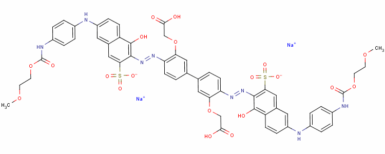 68259-04-1  disodium dihydrogen [[4,4'-bis[[1-hydroxy-6-[[4-[[(2-methoxyethoxy)carbonyl]amino]phenyl]amino]-3-sulphonato-2-naphthyl]azo][1,1'-biphenyl]-3,3'-diyl]bis(oxy)]diacetate