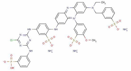 70851-44-4  Phenazinium, 3-[[4-[[4-chloro-6-[(3-phosphonophenyl)amino]-1,3,5-triazin-2-yl]amino]-2-sulfophenyl]amino]-7-[ethyl[(3-sulfophenyl)methyl]amino]-5-(4-methoxy-3-sulfophenyl)-, hydroxide, inner salt, triammonium salt