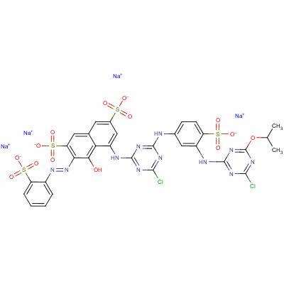 71033-05-1  tetrasodium 5-[[4-chloro-6-[[3-[[4-chloro-6-(1-methylethoxy)-1,3,5-triazin-2-yl]amino]-4-sulphonatophenyl]amino]-1,3,5-triazin-2-yl]amino]-4-hydroxy-3-[(2-sulphonatophenyl)azo]naphthalene-2,7-disulphonate