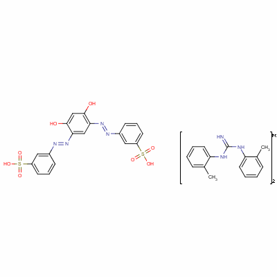 72208-27-6  3,3'-[(4,6-dihydroxy-m-phenylene)diazo]dibenzenesulphonic acid, compound with N,N'-di(o-tolyl)guanidine (1:2)