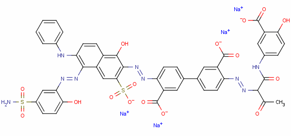 72252-59-6  [1,1'-Biphenyl]-3,3'-dicarboxylic acid, 4-[[5-[[5-(aminosulfonyl)-2-hydroxyphenyl]azo]-1-hydroxy-6-(phenylamino)-3-sulfo-2-naphthalenyl]azo]-4'-[[1-[[(3-carboxy-4-hydroxyphenyl)amino]carbonyl]-2-oxopropyl]azo]-, tetrasodium salt