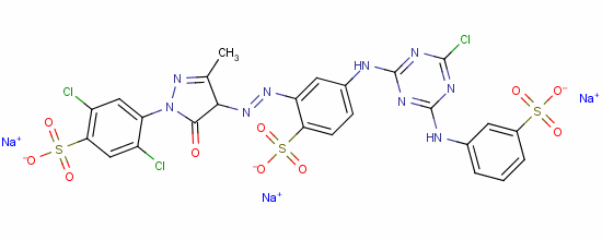 72259-17-7  trisodium 4-[[4-chloro-6-[(3-sulphonatophenyl)amino]-1,3,5-triazin-2-yl]amino]-2-[[1-(2,5-dichloro-4-sulphonatophenyl)-4,5-dihydro-3-methyl-5-oxo-1H-pyrazol-4-yl]azo]benzenesulphonate