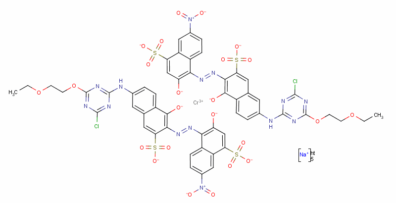 72403-65-7  pentasodium bis[4-[[6-[[4-chloro-6-(2-ethoxyethoxy)-1,3,5-triazin-2-yl]amino]-1-hydroxy-3-sulpho-2-naphthyl]azo]-3-hydroxy-7-nitronaphthalene-1-sulphonato(4-)]chromate(5-)